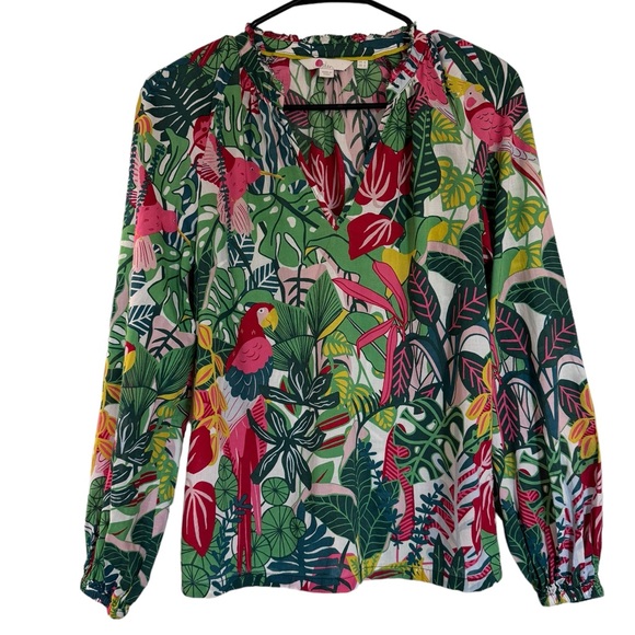 Boden Heather Parrot Print Blouse Size 2 Palm Leaf Paradise Jungle Long Sleeve - Picture 3 of 16